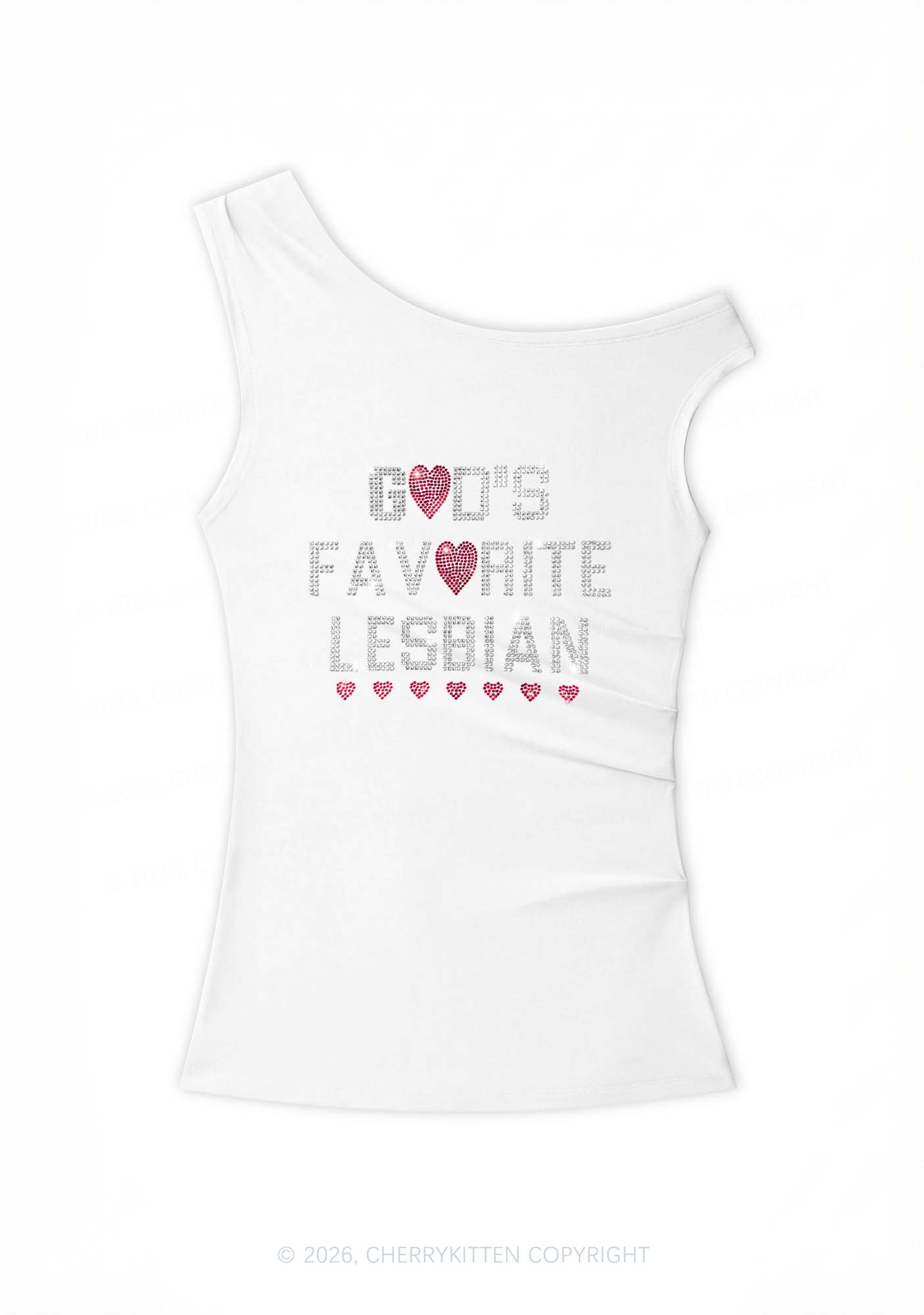 Rhinestone Gods Favorite Lesbian Pride Y2K Off Shoulder Tank Top Cherrykitten