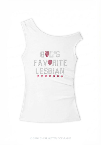Rhinestone Gods Favorite Lesbian Pride Y2K Off Shoulder Tank Top Cherrykitten
