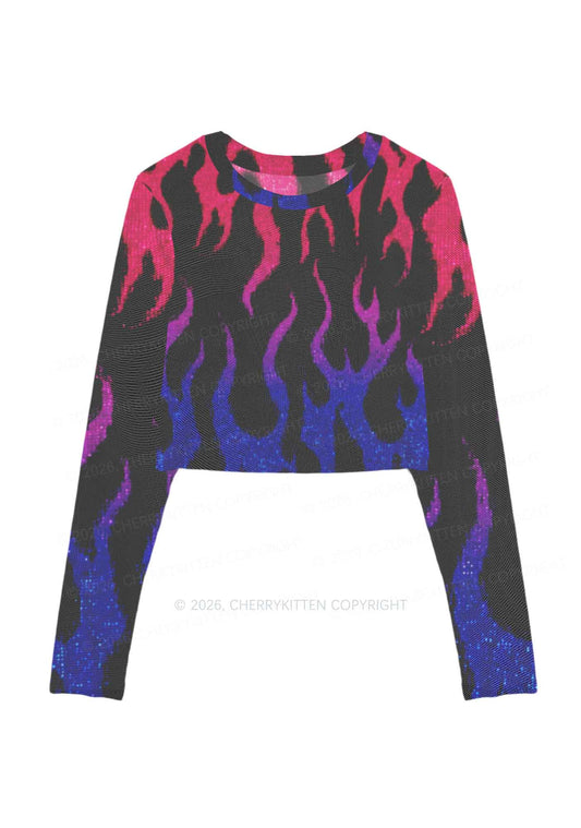 Bisexual Flame Pride Y2K Mesh Long Sleeve Crop Top Cherrykitten