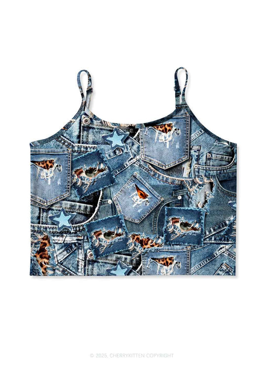 Denim Patchwork Y2K Print Cami Crop Top Cherrykitten