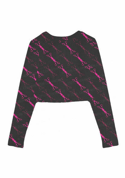 Pink Scissors Pride Y2K Mesh Long Sleeve Crop Top Cherrykitten