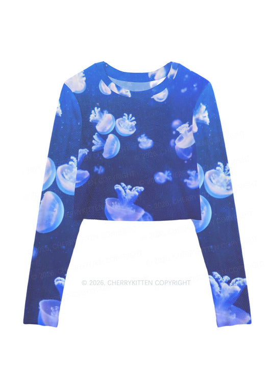 Deep Sea White Jellyfish Y2K Mesh Long Sleeve Crop Top Cherrykitten