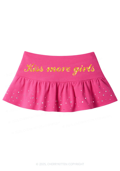 Glitter Kiss More Girls Pride Y2K Pink Ruffled Rhinestone Mini Skirt Cherrykitten