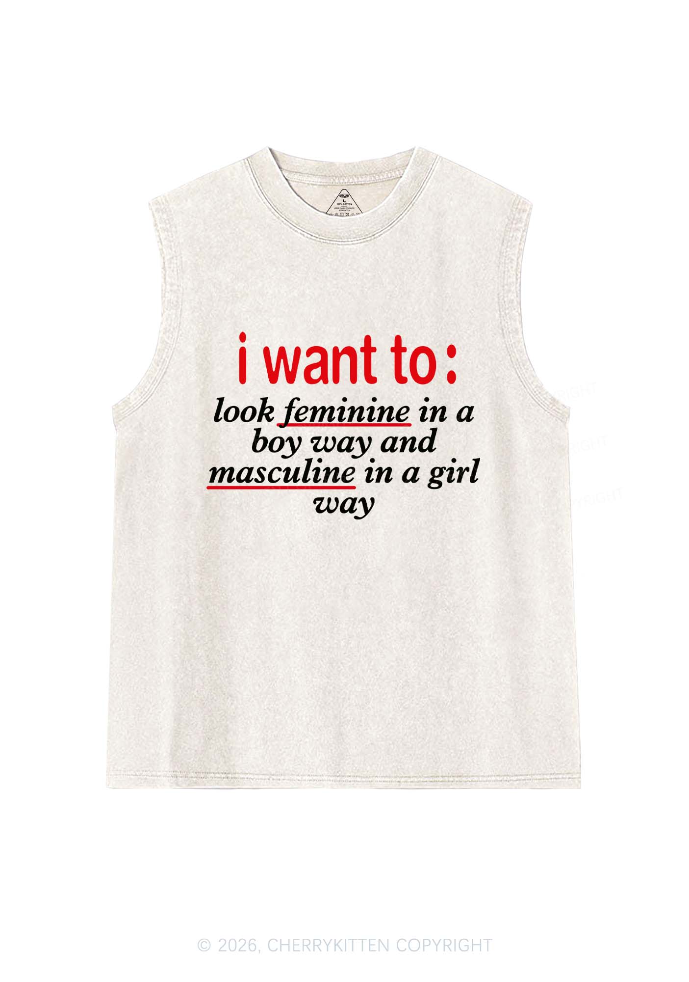 I Want To Feminine Masculine Pride Y2K Washed Muscle Tank Cherrykitten
