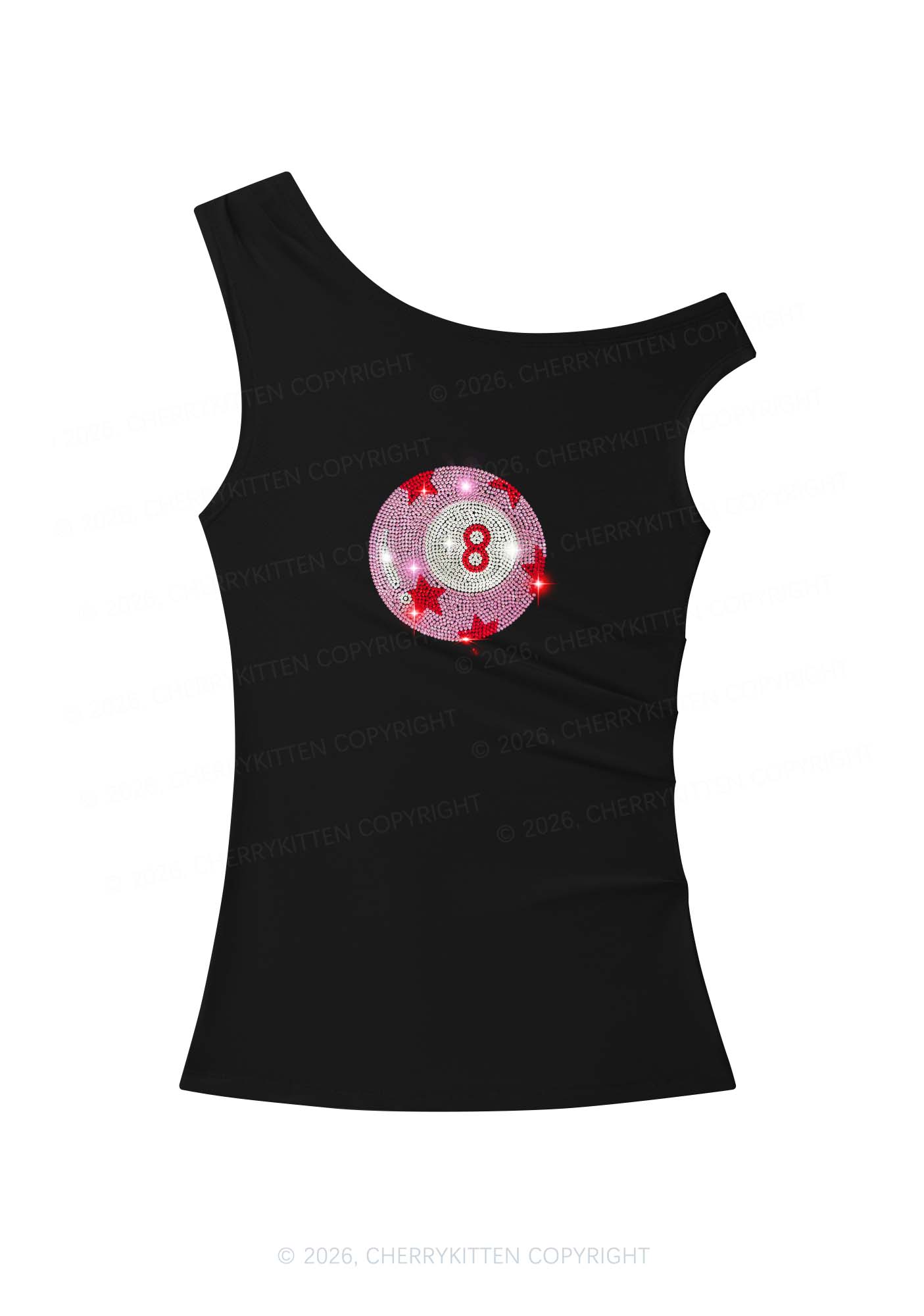 Rhinestone Pink Eight Ball Star Y2K Off Shoulder Tank Top Cherrykitten