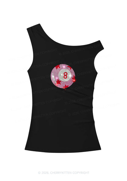 Rhinestone Pink Eight Ball Star Y2K Off Shoulder Tank Top Cherrykitten