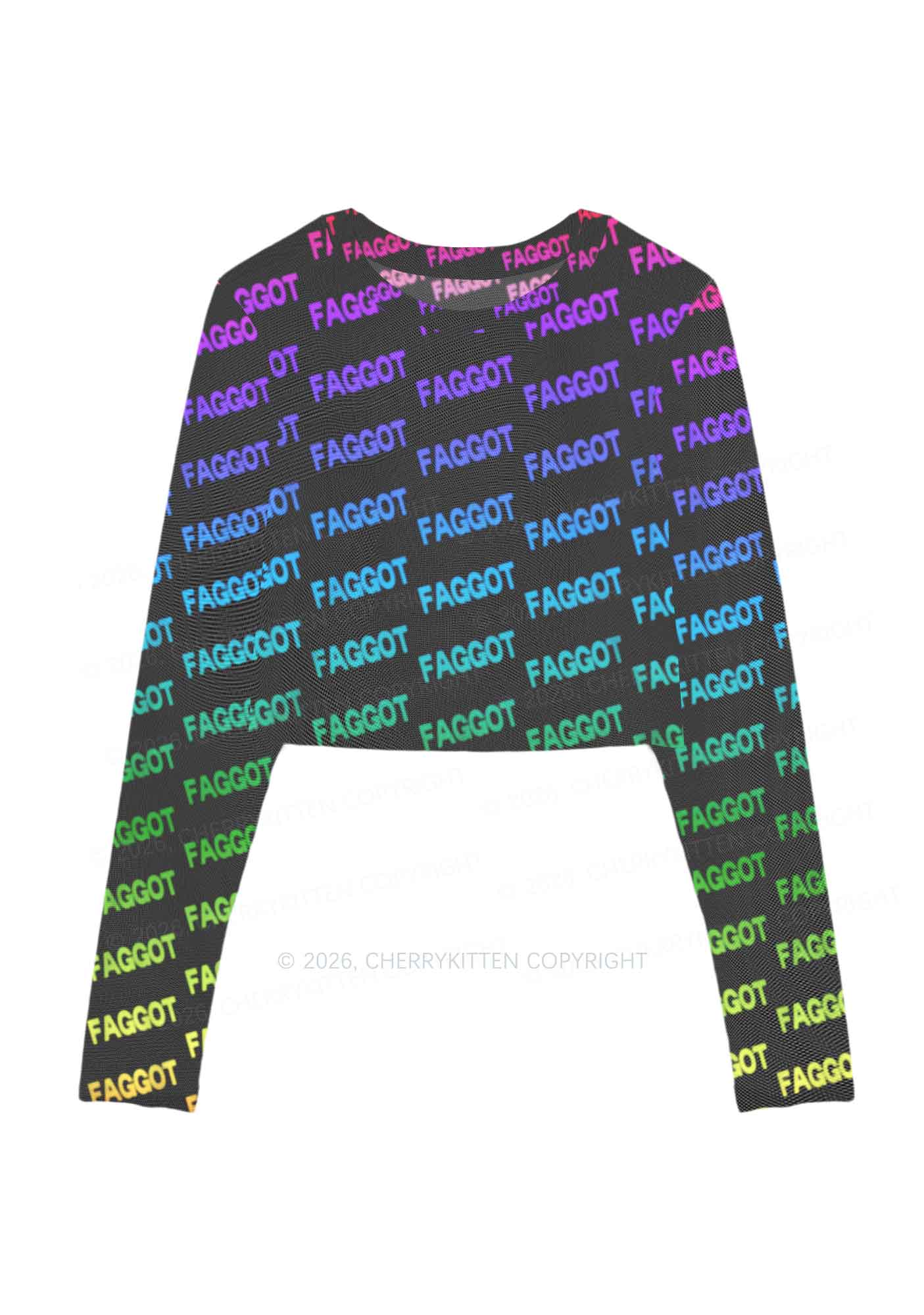 Neon Rainbow Faggot Pride Y2K Mesh Long Sleeve Crop Top Cherrykitten