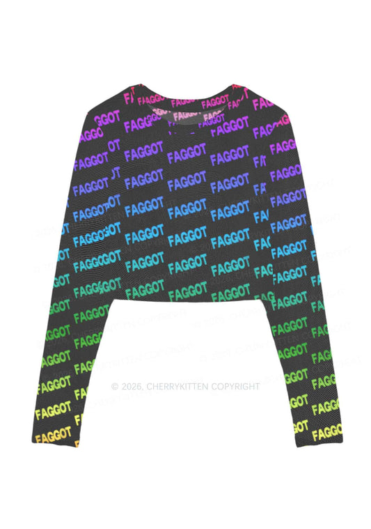 Neon Rainbow Faggot Pride Y2K Mesh Long Sleeve Crop Top Cherrykitten