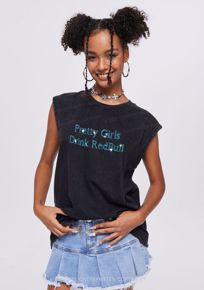 Rhinestone Pretty Girls Drink Redbull Y2K Washed Muscle Tank Cherrykitten