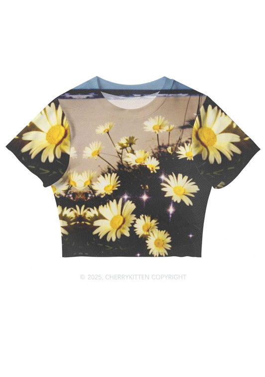 Yellow Daisy Y2K Mesh Crop Top Cherrykitten