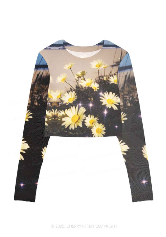 Yellow Daisy Y2K Mesh Long Sleeve Crop Top Cherrykitten