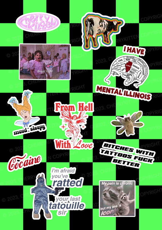 Cherrykitten Favorites Green Y2K Stickers Pack Of 11