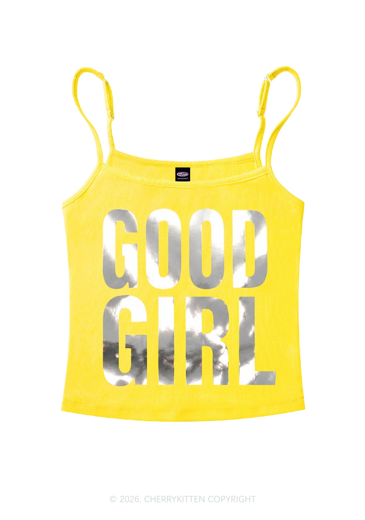 Good Girl Silver Foil Printed Y2K Spaghetti Strap Cami Cherrykitten