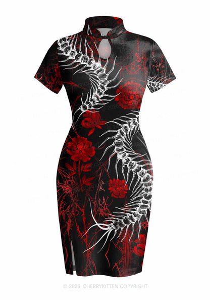 Halloween Centipede Red Floral Y2K Cheongsam Mini Dress Cherrykitten