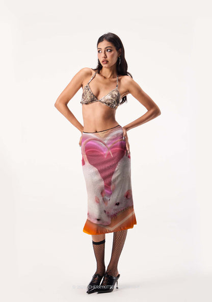 Lesbian Heart Rats Pride Y2K Print Midi Skirt Cherrykitten