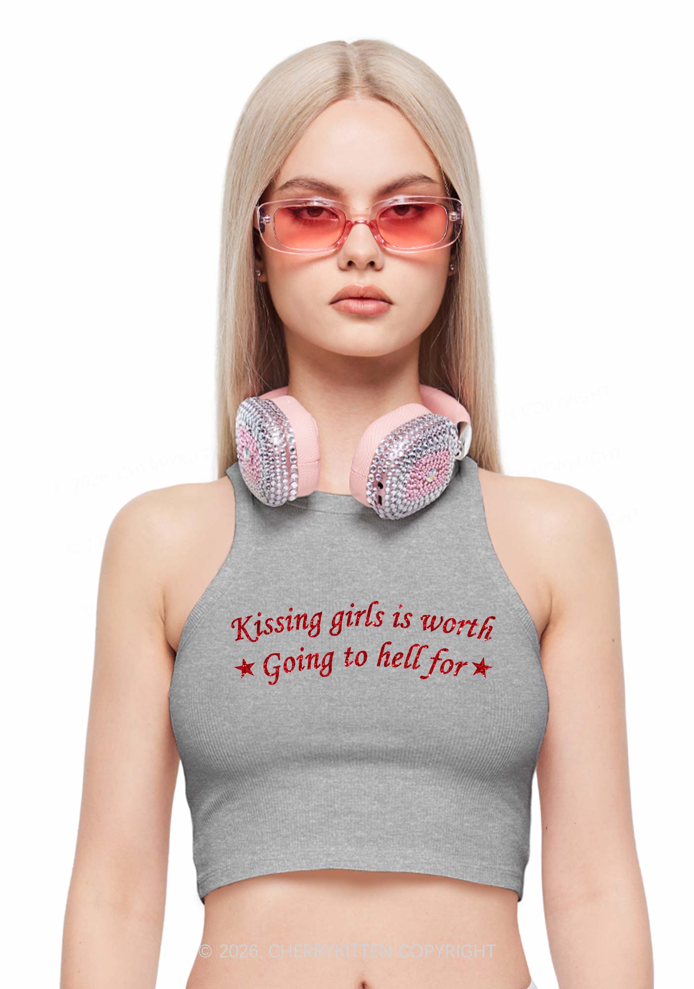 Glitter Kissing Girls is Worth Pride Y2K Crop Tank Top Cherrykitten