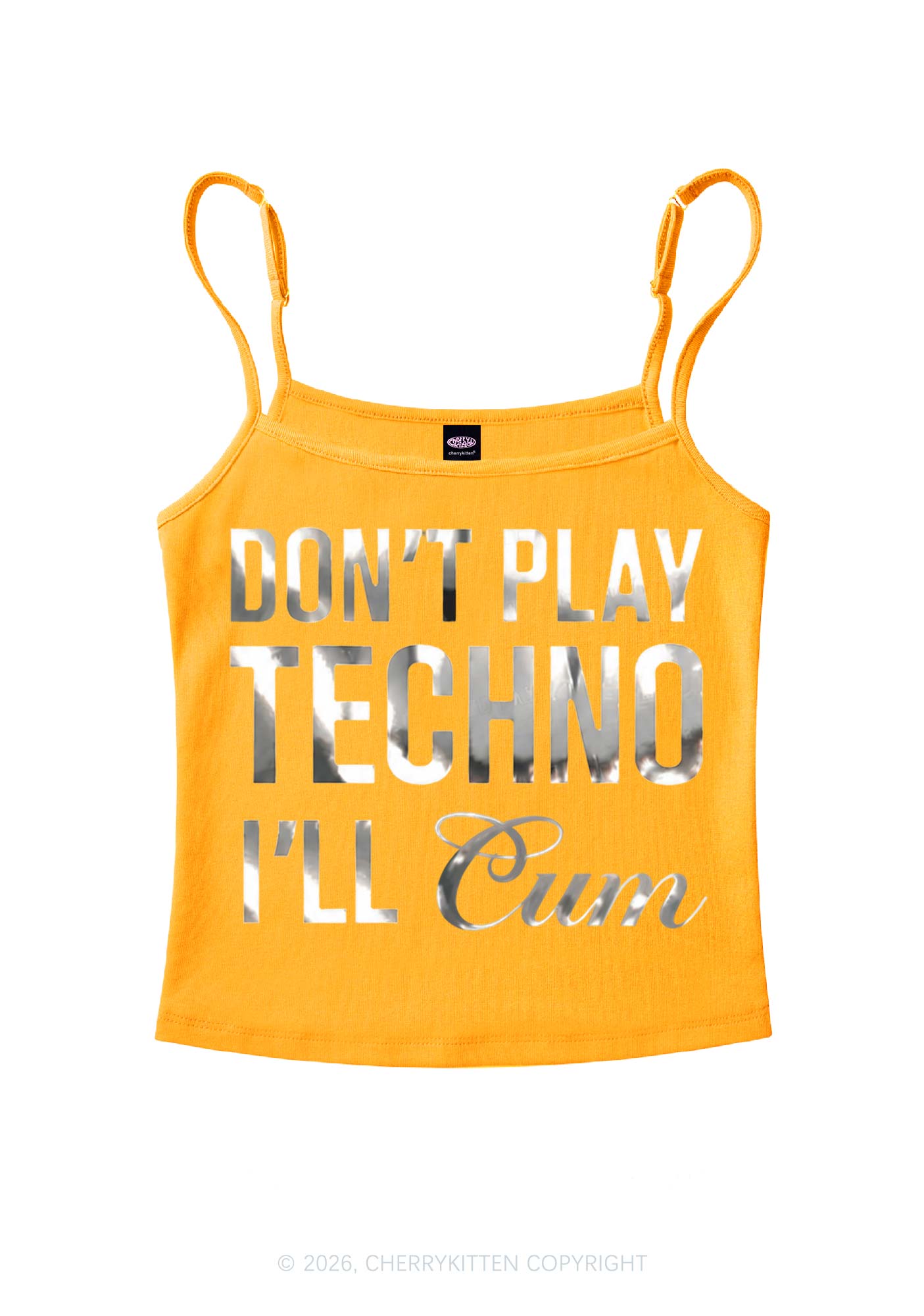 Dont Play Techno Silver Foil Printed Y2K Spaghetti Strap Cami Cherrykitten