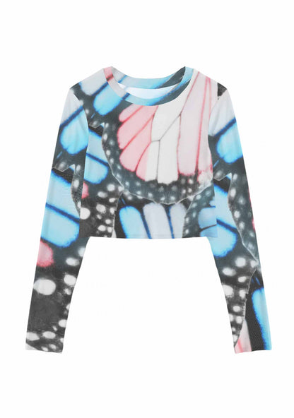 Trans Butterfly Wing Pride Y2K Mesh Long Sleeve Crop Top Cherrykitten