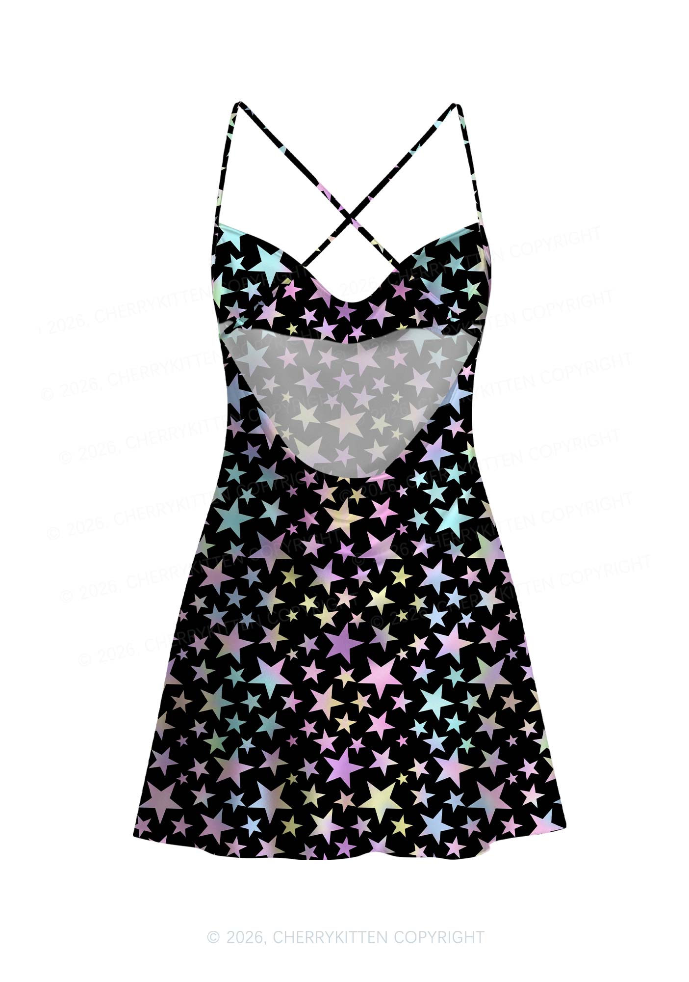 Rainbow Star On Black Y2K Print Satin Cowl Neck Slip Dress Cherrykitten