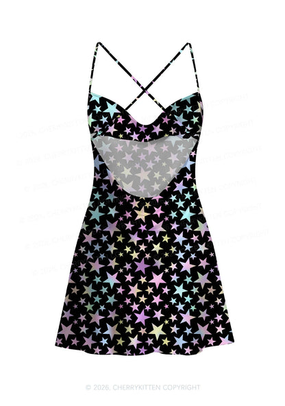 Rainbow Star On Black Y2K Print Satin Cowl Neck Slip Dress Cherrykitten