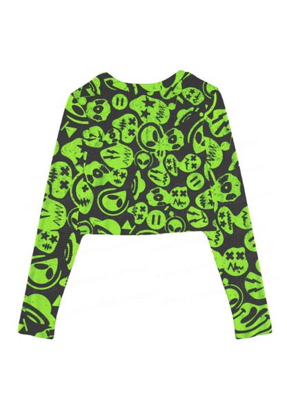 Green Alien Doodle Y2K Mesh Long Sleeve Crop Top Cherrykitten