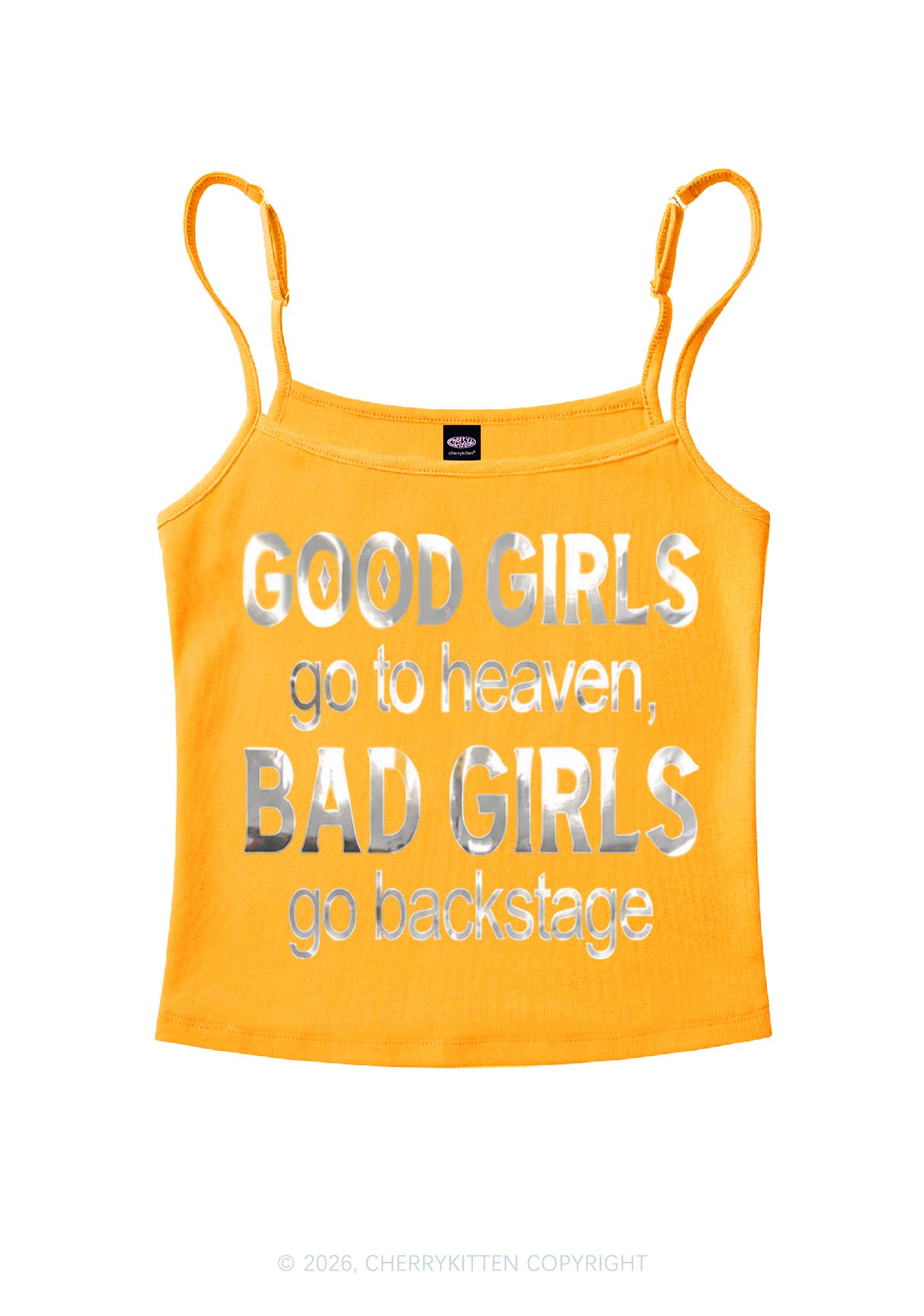 Bad Girls Go Backstage Silver Foil Printed Y2K Spaghetti Strap Cami Cherrykitten