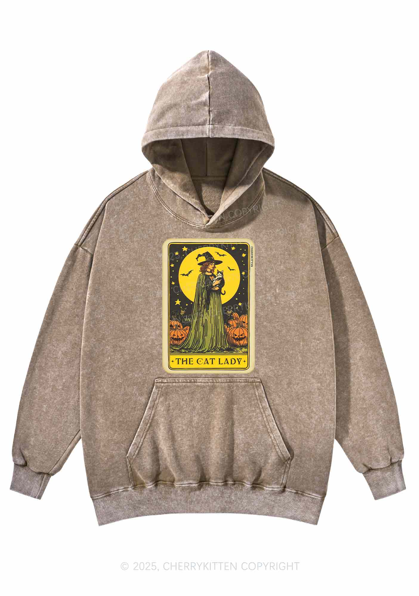 Halloween The Witch Cat Lady Y2K Washed Hoodie Cherrykitten