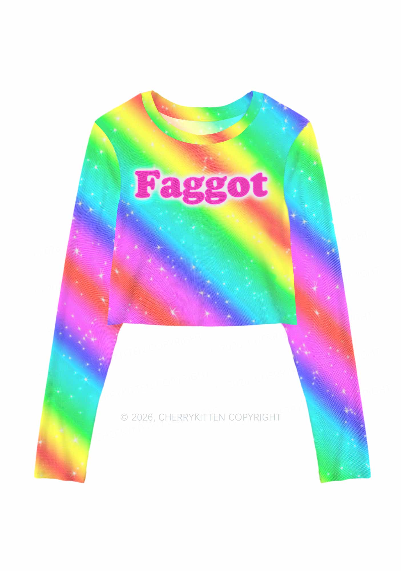 Rainbow Slide Faggot Pride Y2K Mesh Long Sleeve Crop Top Cherrykitten