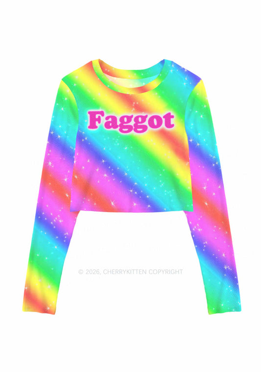 Rainbow Slide Faggot Pride Y2K Mesh Long Sleeve Crop Top Cherrykitten