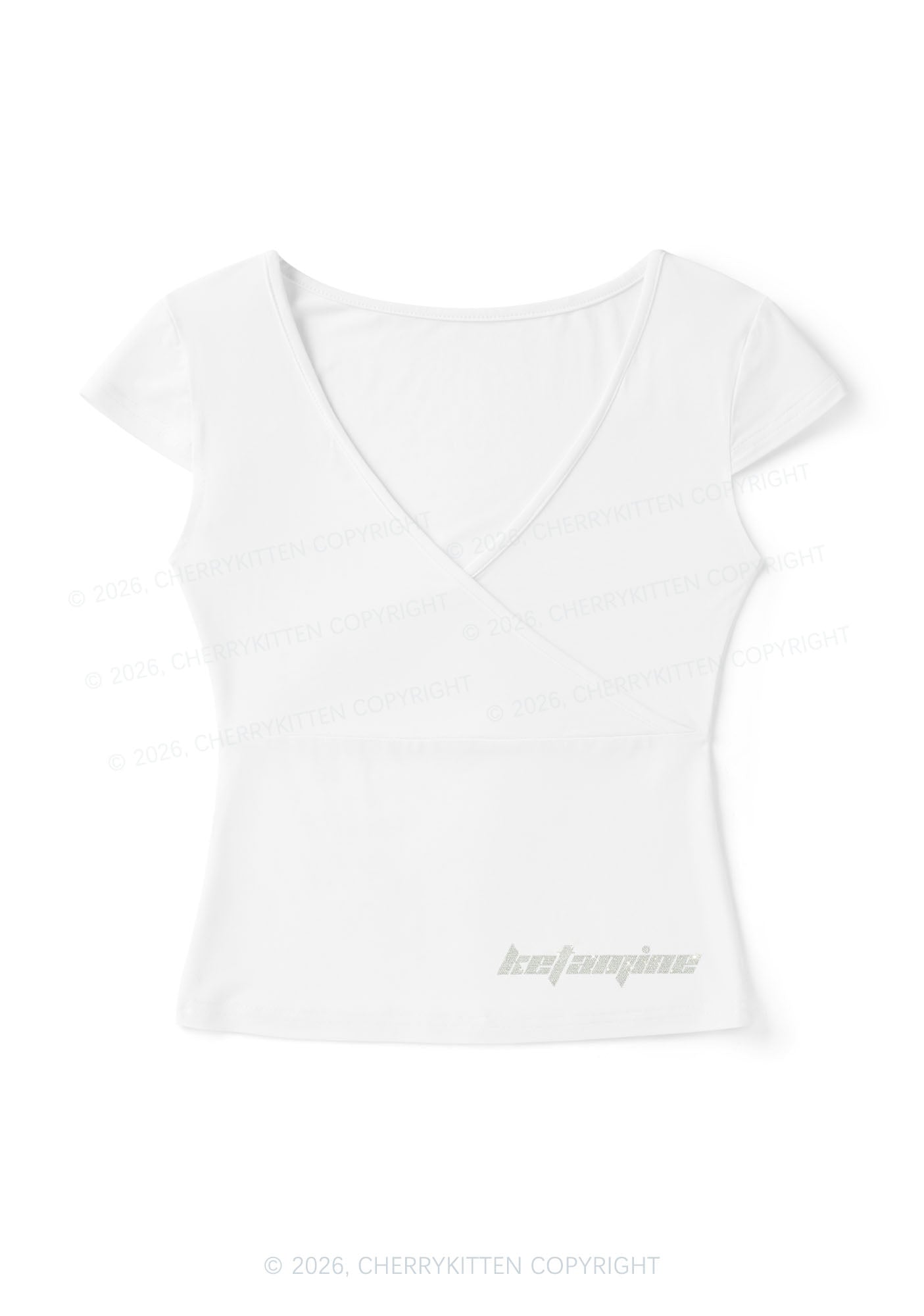 Rhinestone Kxxamine Y2K Wrap V Neck T Shirts Cherrykitten