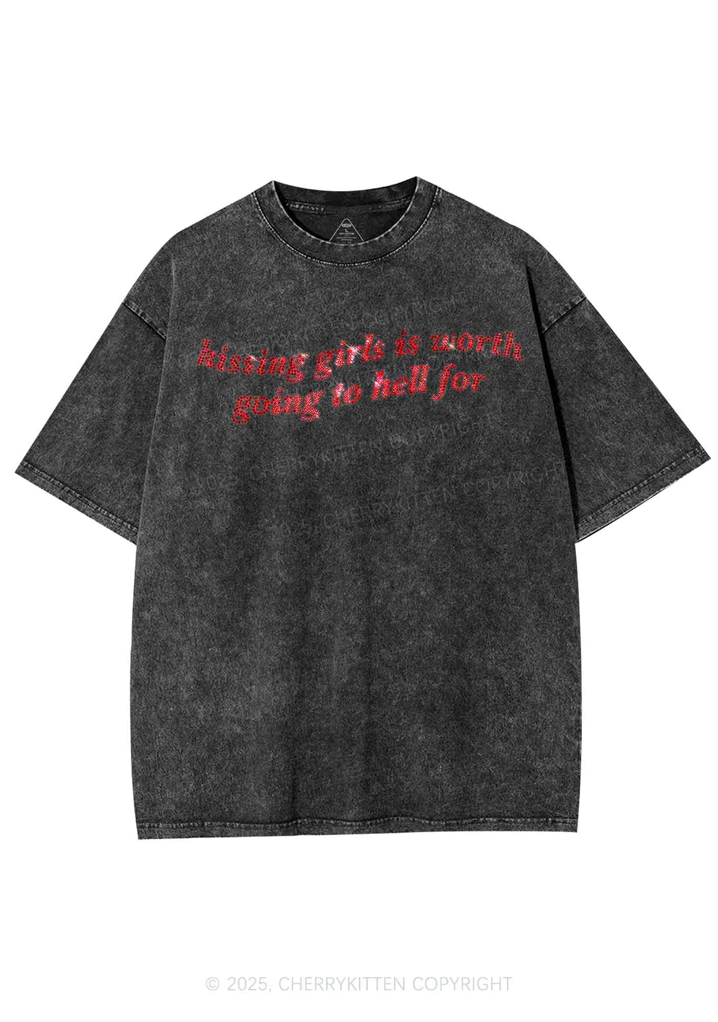 Rhinestone Kissing Girls is Worth Pride Y2K Shirts Washed Tee Cherrykitten