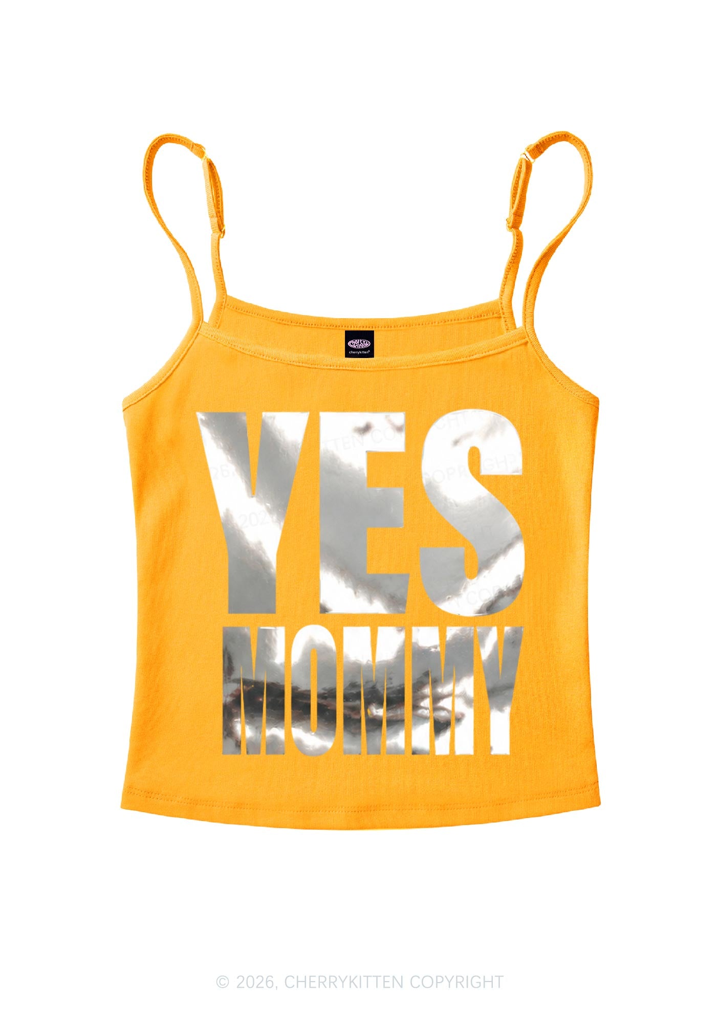 Yes Mommy Silver Foil Printed Y2K Spaghetti Strap Cami Cherrykitten