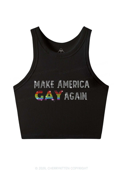 Rhinestone Make America Gay Again Pride Y2K Crop Tank Top Cherrykitten
