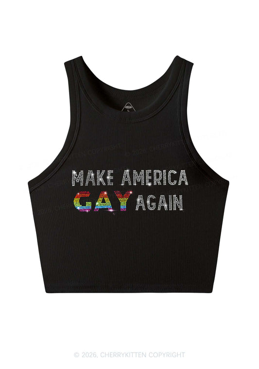 Rhinestone Make America Gay Again Pride Y2K Crop Tank Top Cherrykitten