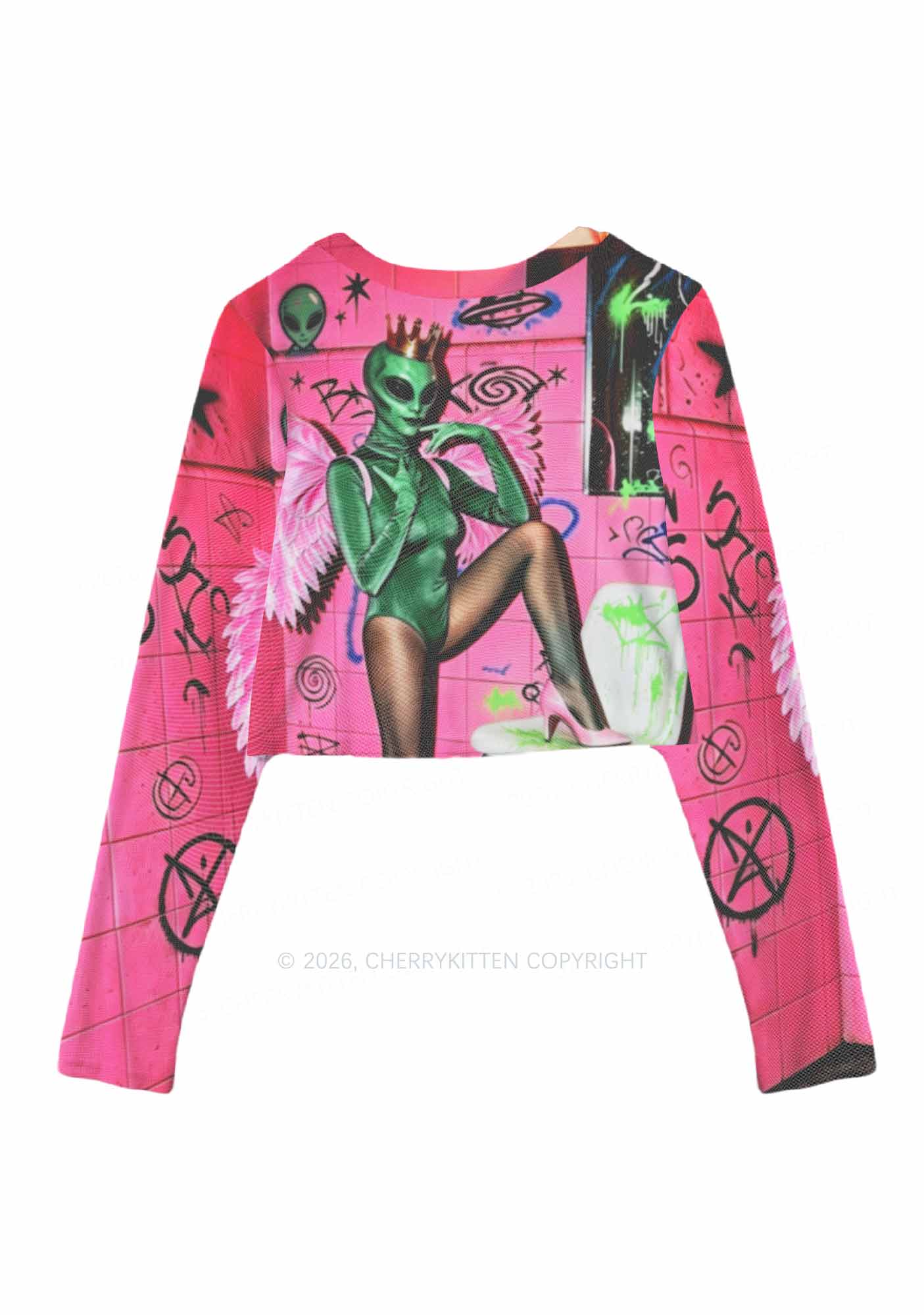 Alien Angel Graffiti Wall Y2K Mesh Long Sleeve Crop Top Cherrykitten