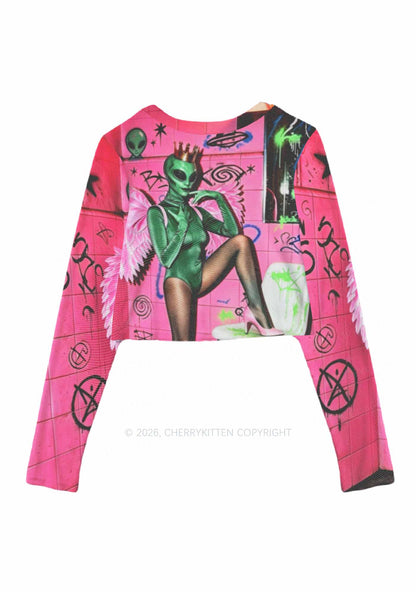 Alien Angel Graffiti Wall Y2K Mesh Long Sleeve Crop Top Cherrykitten