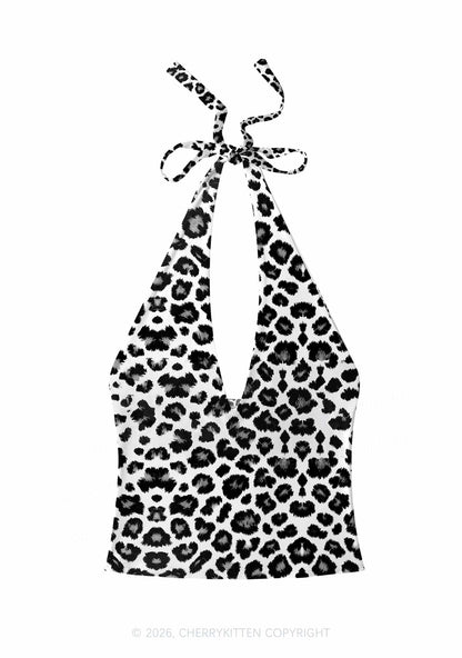 Black White Leopard Y2K Print Halter Deep V Neck Cami Cherrykitten