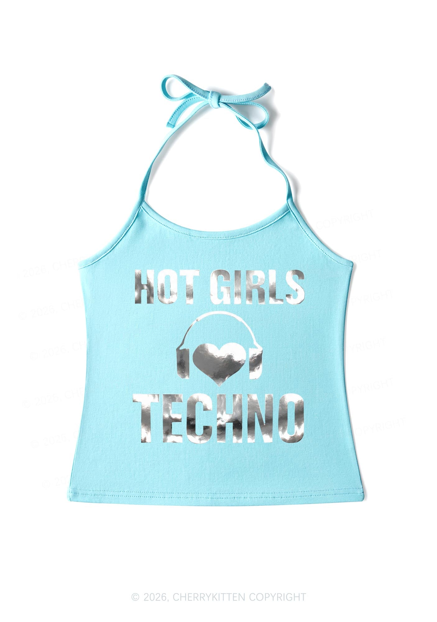 Hot Girls Love Techno Silver Foil Printed Y2K Halter Neck Cami Cherrykitten