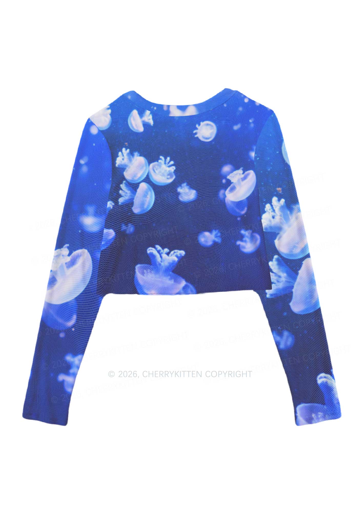 Deep Sea White Jellyfish Y2K Mesh Long Sleeve Crop Top Cherrykitten