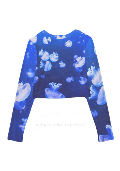 Deep Sea White Jellyfish Y2K Mesh Long Sleeve Crop Top Cherrykitten