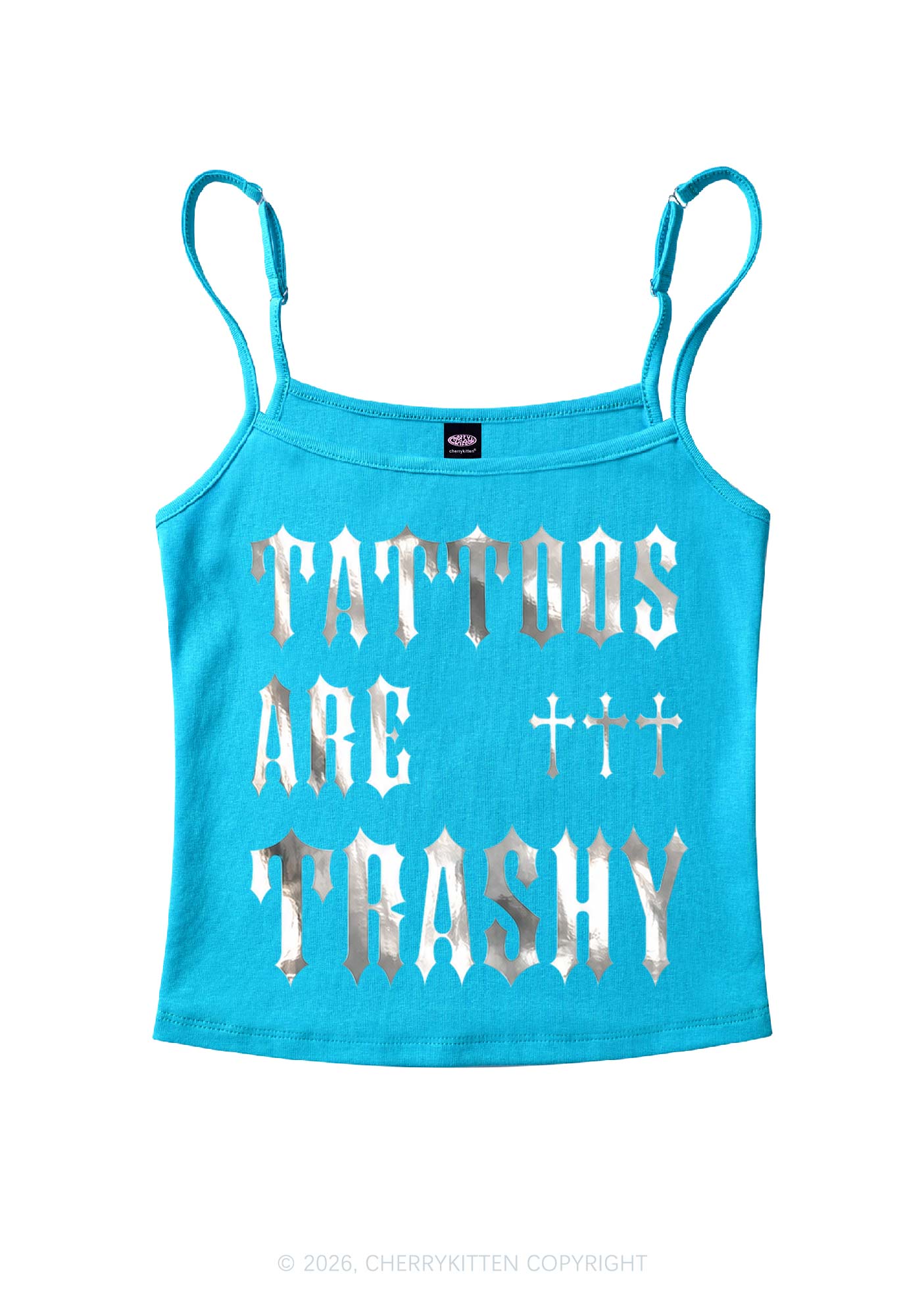 Tattoos Are Trashy Silver Foil Printed Y2K Spaghetti Strap Cami Cherrykitten