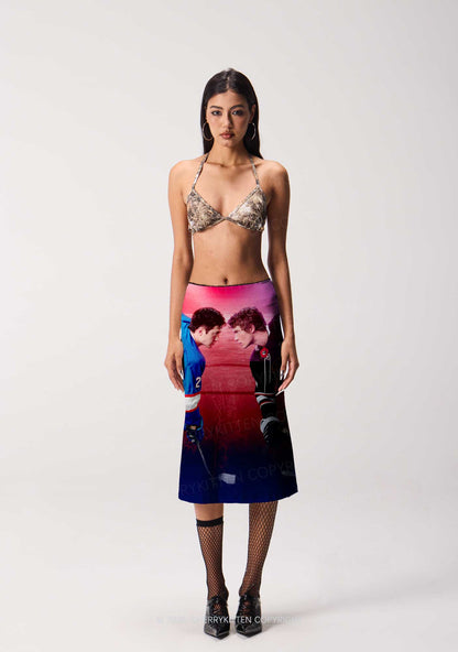 Hockey Duel HR Y2K Print Midi Skirt Cherrykitten
