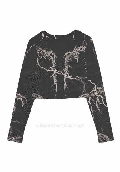 Black Gothic Faggot Pride Y2K Mesh Long Sleeve Crop Top Cherrykitten