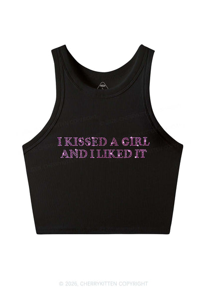 Rhinestone I Kissed A Girl Pride Y2K Crop Tank Top Cherrykitten