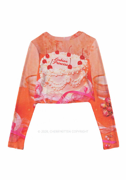 Coral Lesbian Princess Cake Pride Y2K Mesh Long Sleeve Crop Top Cherrykitten