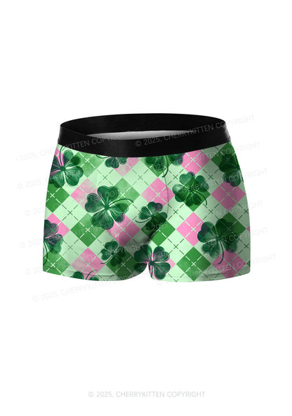 Four Leaf Clover Pink Plaid St Patricks Y2K Print Men Boxer Briefs Cherrykitten