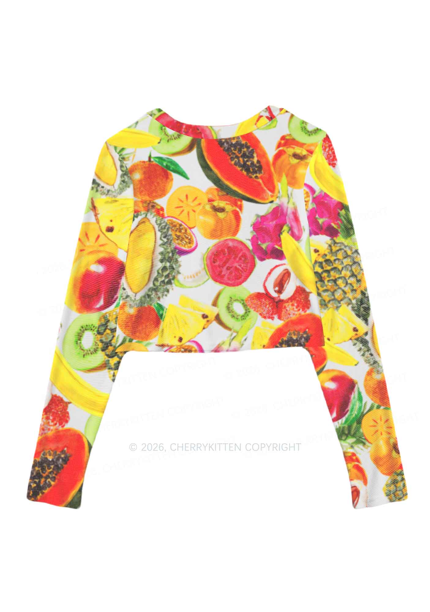 Tropical Fruit Pride Y2K Mesh Long Sleeve Crop Top Cherrykitten