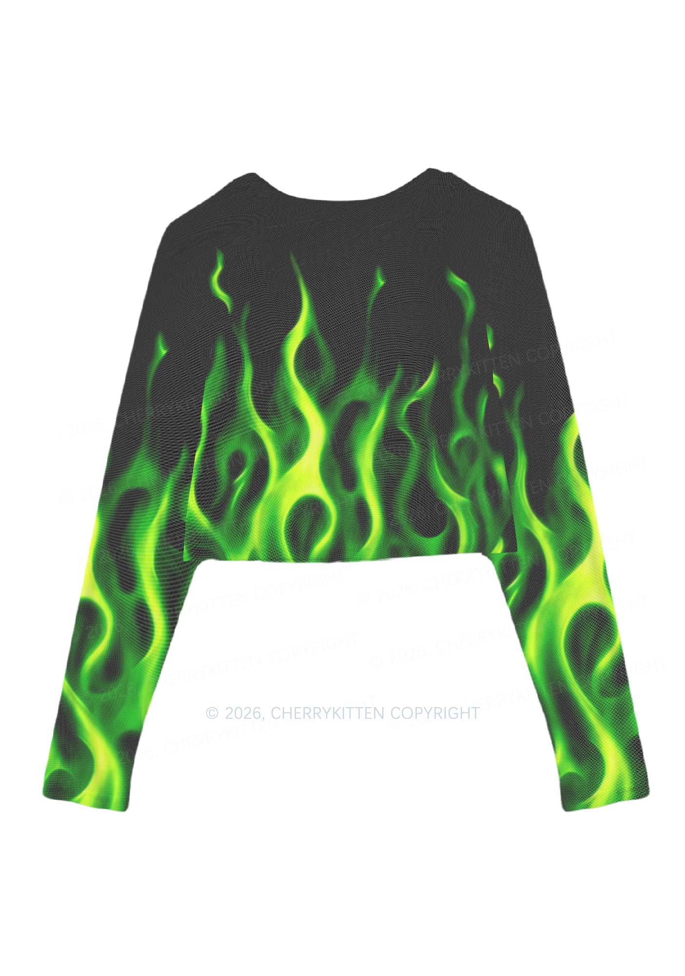 Neon Green Flame Y2K Mesh Long Sleeve Crop Top Cherrykitten