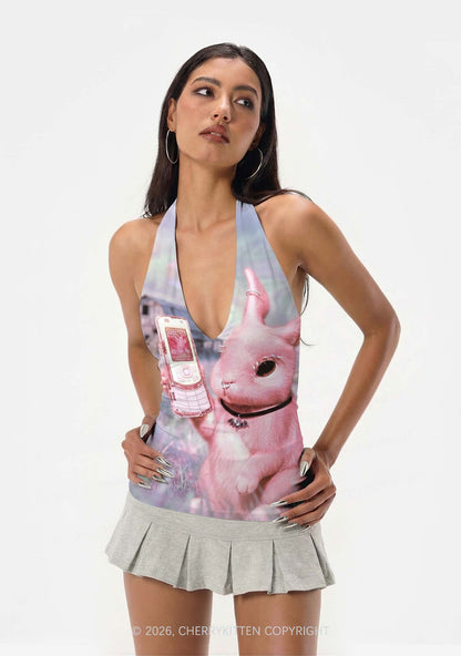 Pink Gothic Bunny Y2K Print Halter Deep V Neck Cami Cherrykitten