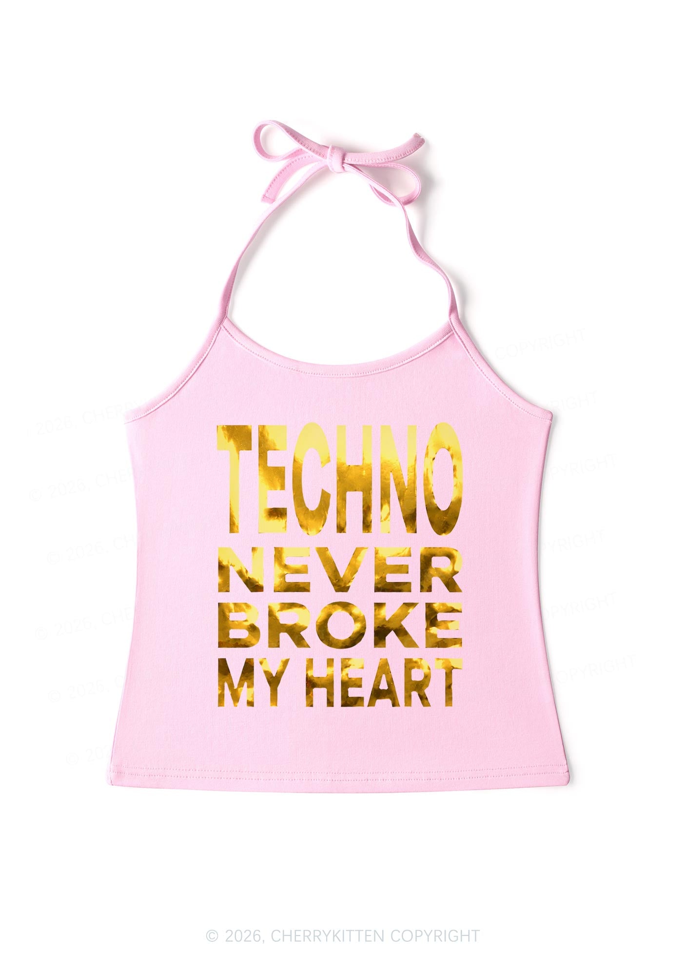 Techno Broke Heart Silver Foil Printed Y2K Halter Neck Cami Cherrykitten